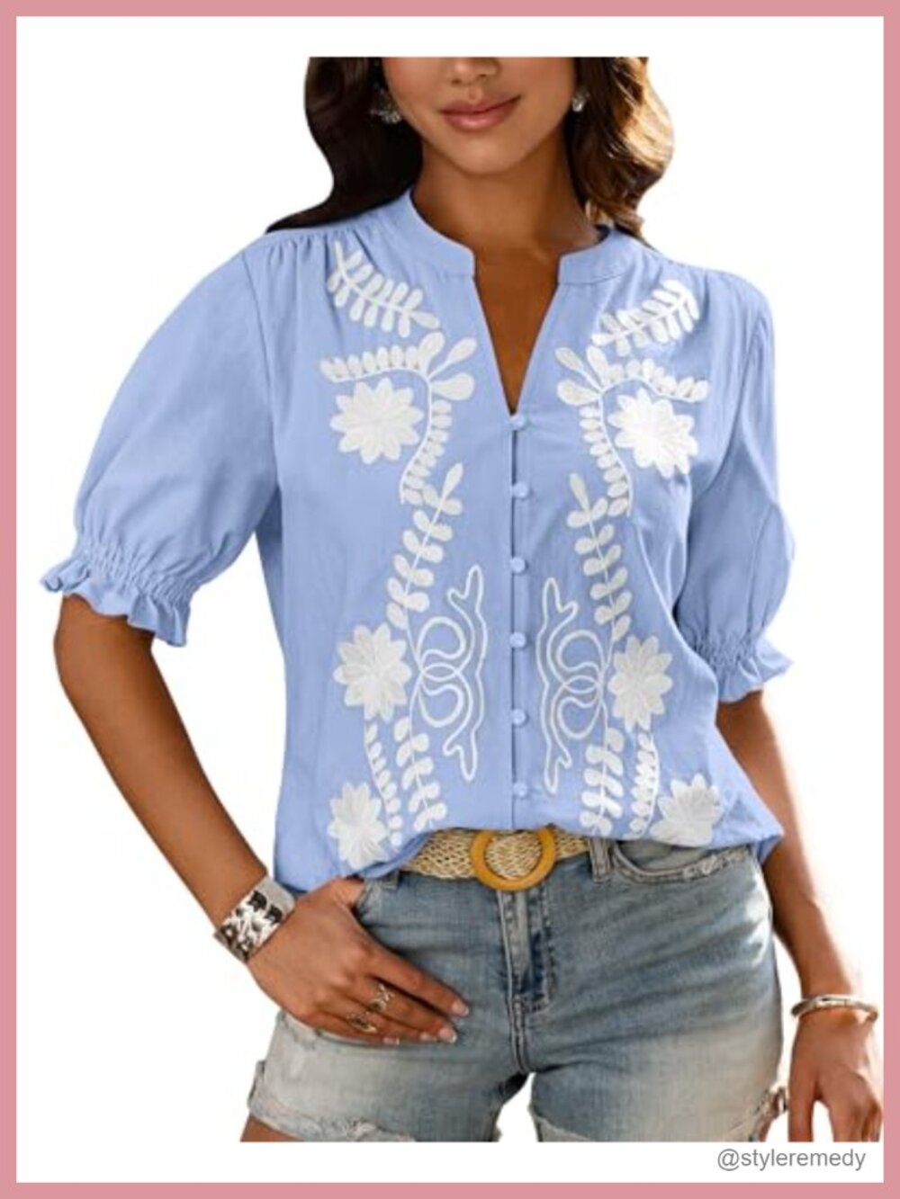 Women's Embroidered Cotton Button Down Blouse V-Neck Puff Sleeve Summer Top